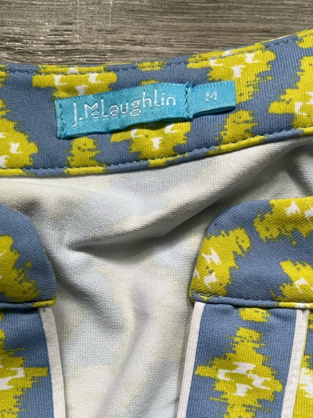 J. McLaughlin Blue Yellow Catalina Cloth Geometric Ikat Print Dress Size M Work - Picture 4 of 8